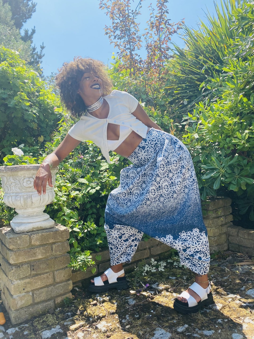 Blue + White Dahlia Aladdin Trousers - One Wear Freedom handmade front bent