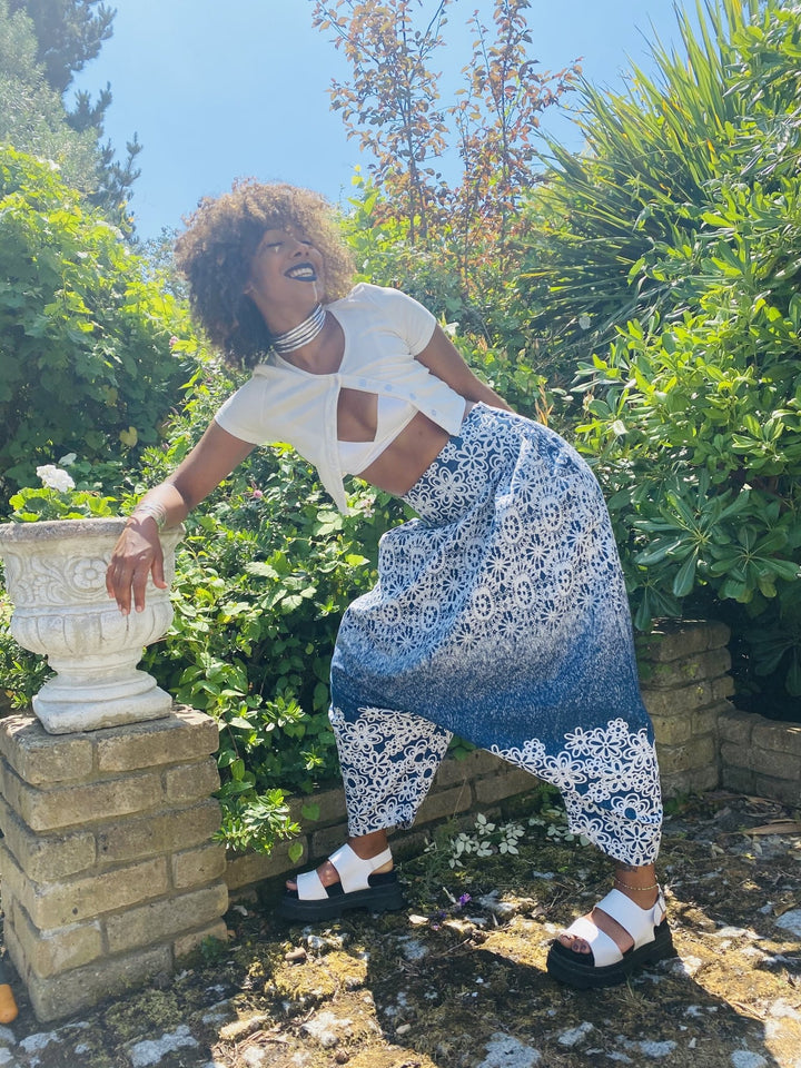 Blue + White Dahlia Aladdin Trousers - One Wear Freedom handmade front bent