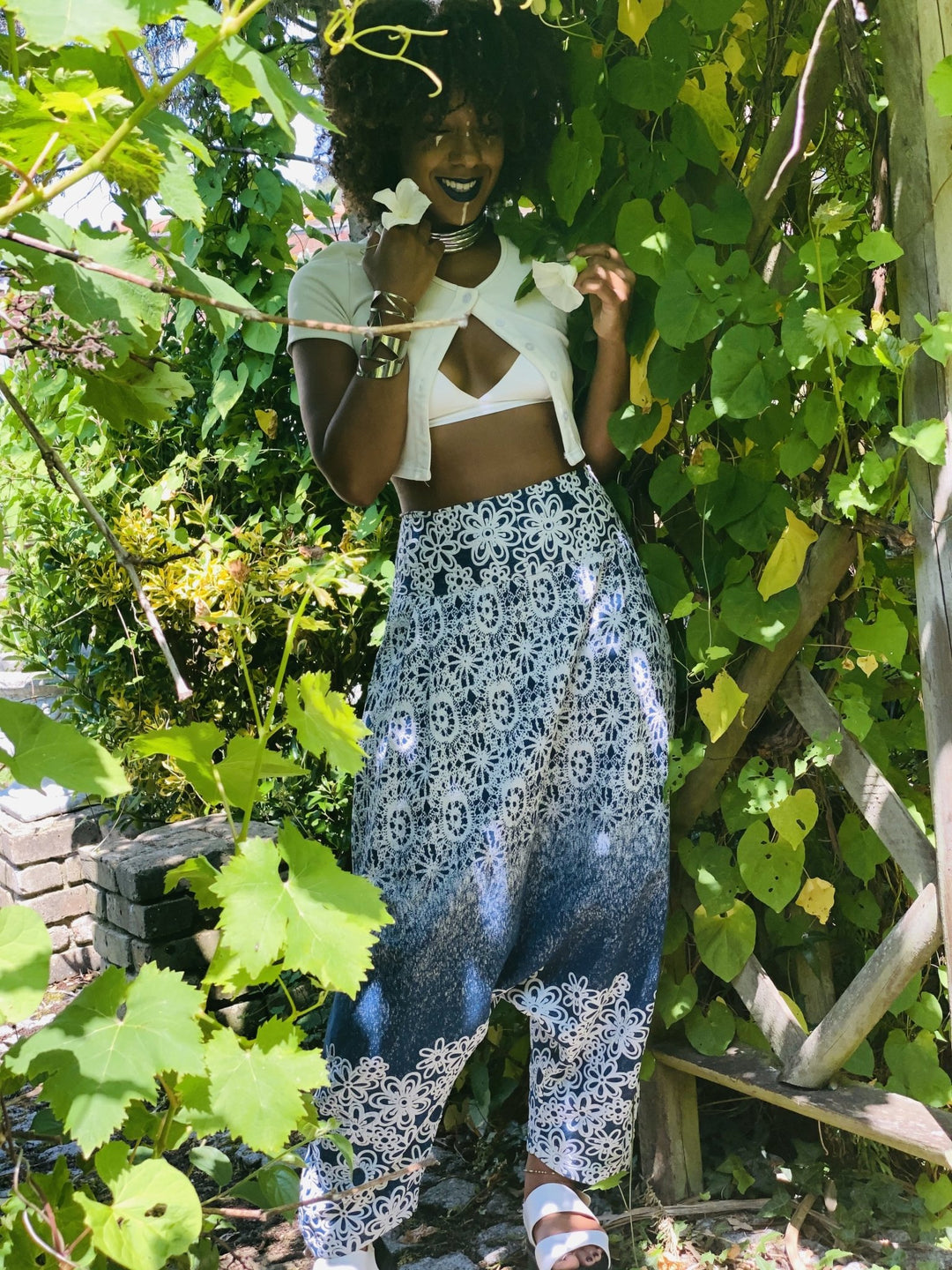 Blue + White Dahlia Aladdin Trousers - One Wear Freedom handmade front
