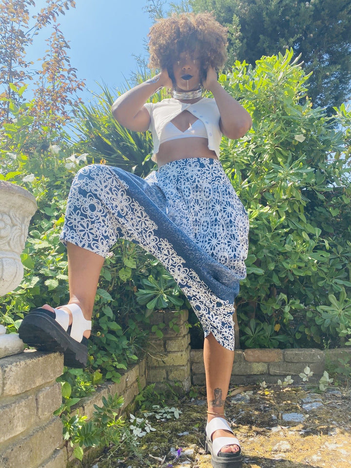 Blue + White Dahlia Aladdin Trousers - One Wear Freedom handmade front leg up