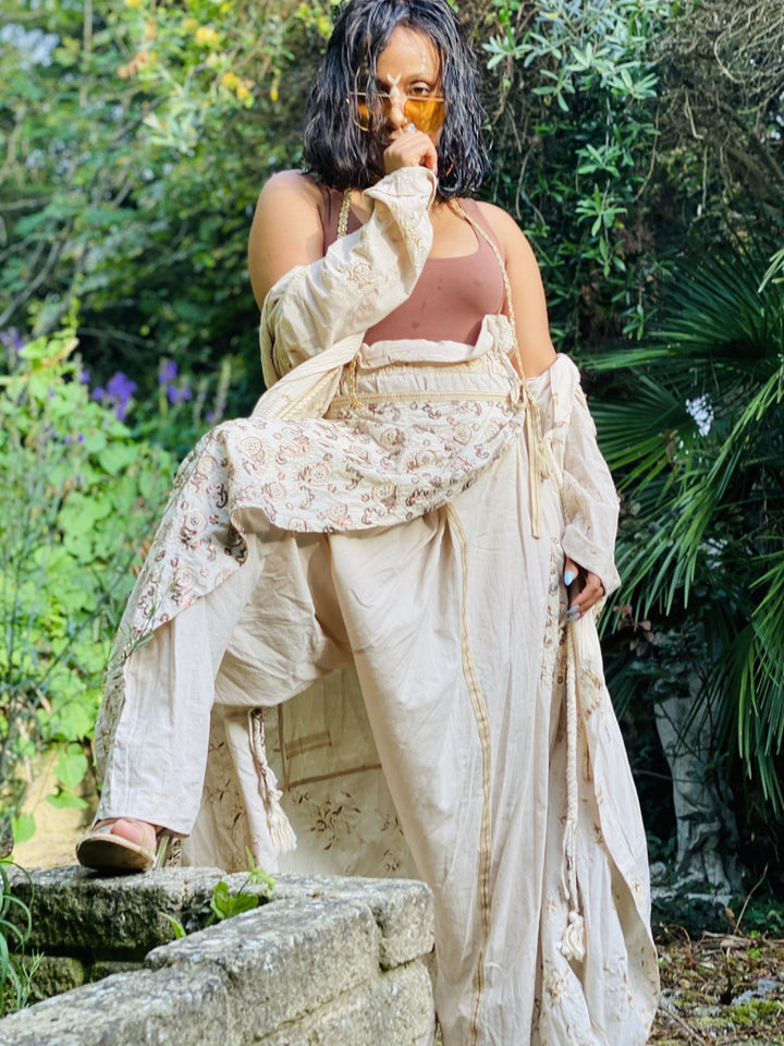 Bronze Tiramisu Aladdin Wrap Trousers + Hooded Maxi Coat Co-ord - One Wear Freedom vintage front