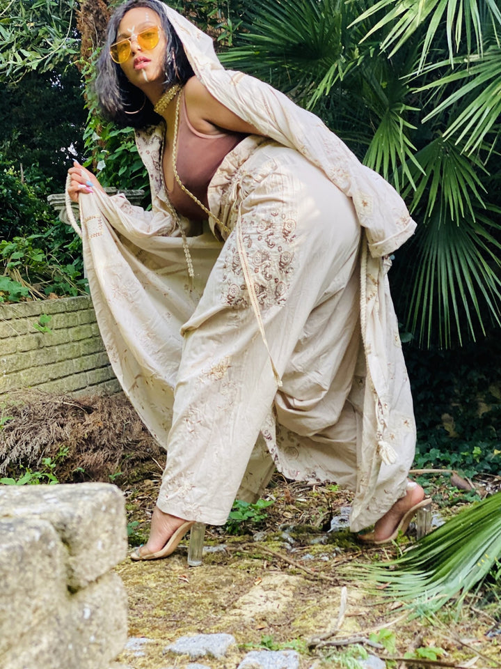 Bronze Tiramisu Aladdin Wrap Trousers + Hooded Maxi Coat Co-ord - One Wear Freedom vintage left side