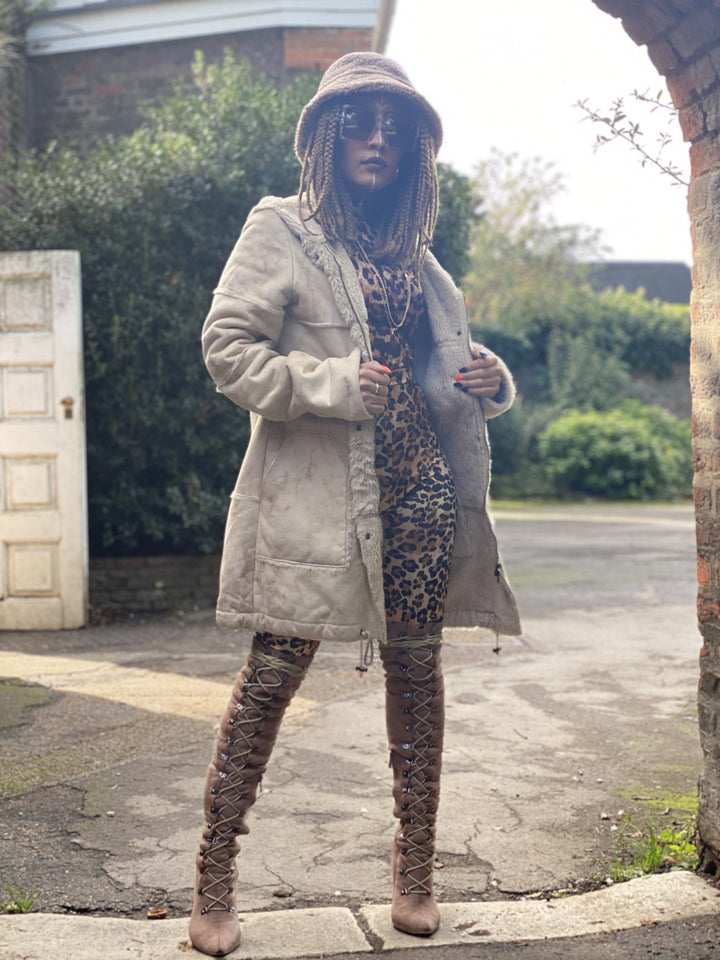 Caramel Marble Sheepskin Hooded Jacket - One Wear Freedom 