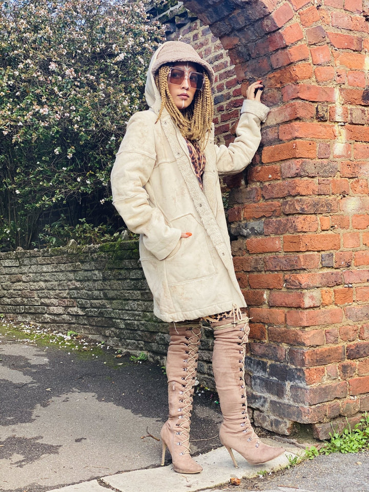 Caramel Marble Sheepskin Hooded Jacket - One Wear Freedom 