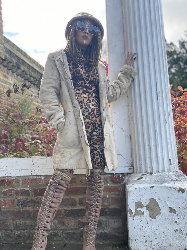 Caramel Marble Sheepskin Hooded Jacket - One Wear Freedom 