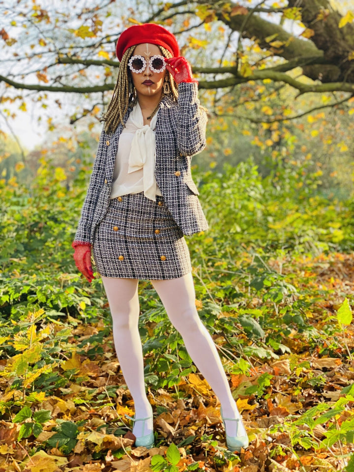 Classic Black + White Tweed Mini Skirt + Blazer Suit - One Wear Freedom 