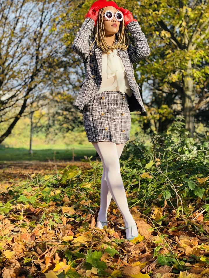 Classic Black + White Tweed Mini Skirt + Blazer Suit - One Wear Freedom 