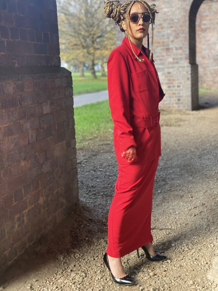 Crimson Power Maxi Skirt Suit with Belt - One Wear Freedom 