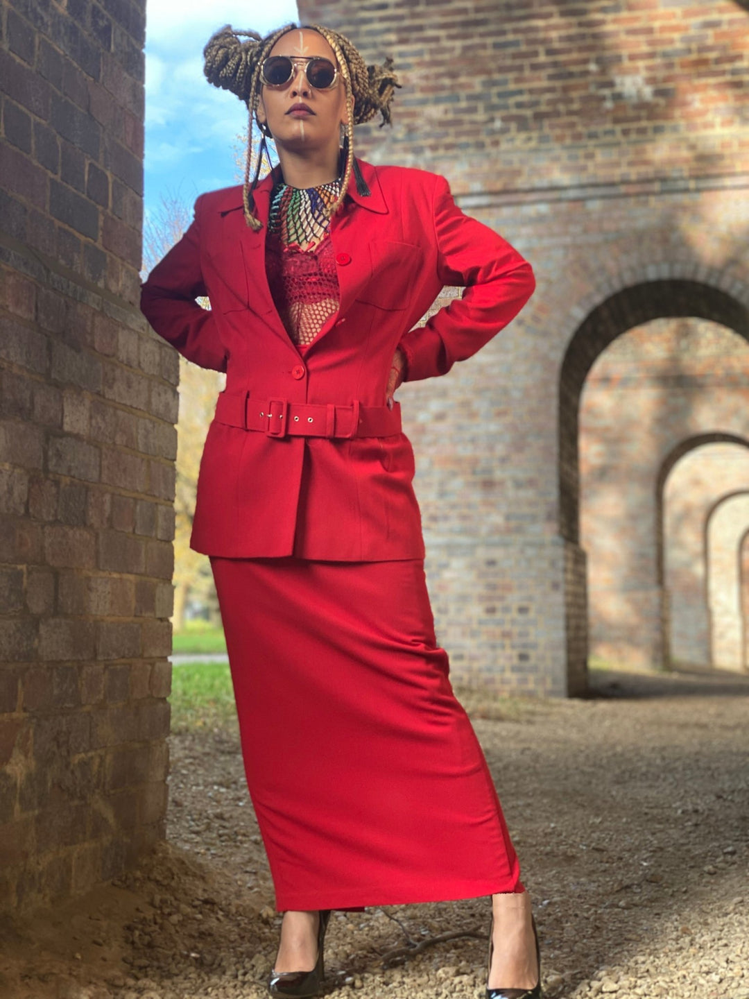Crimson Power Maxi Skirt Suit with Belt - One Wear Freedom 