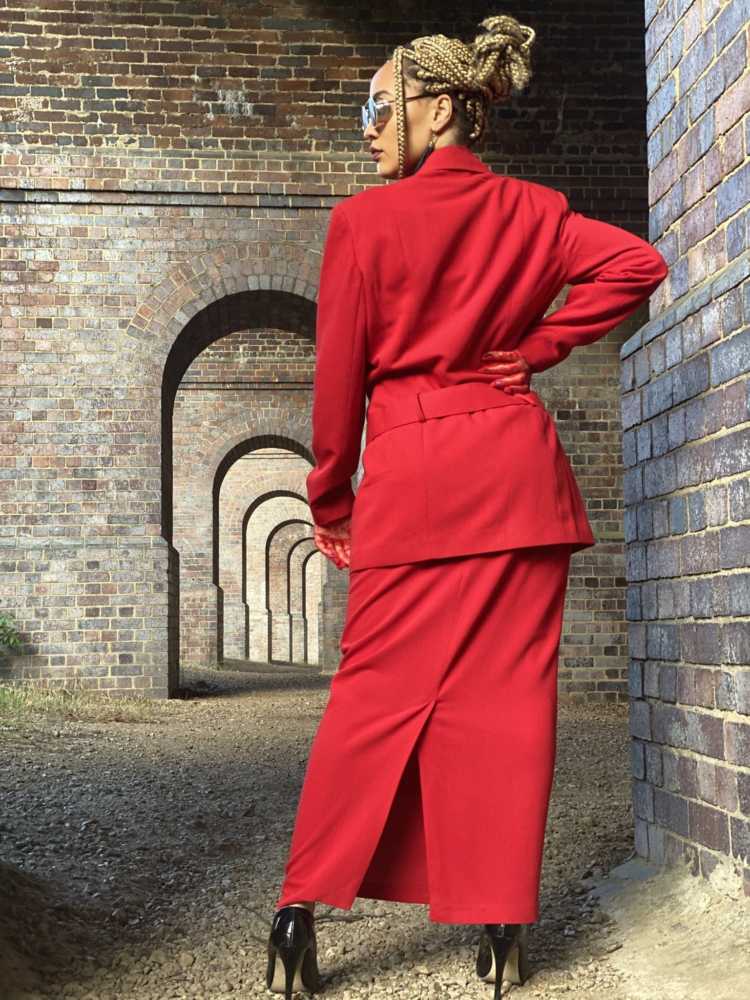 Suit Red Belt Outfit Crimson Power Maxi Skirt Suit With Belt