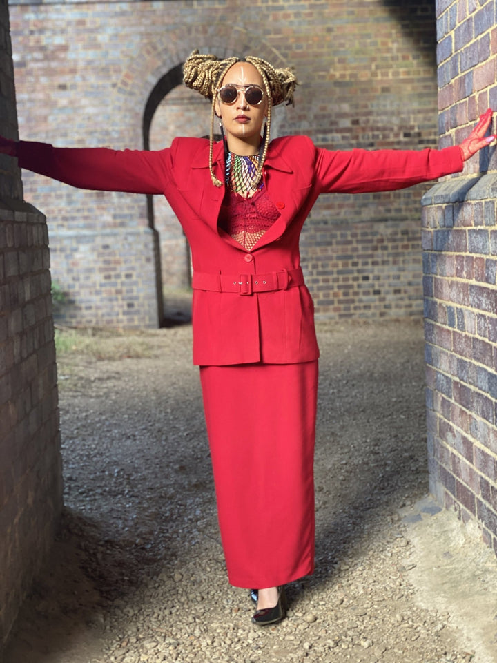 Crimson Power Maxi Skirt Suit with Belt - One Wear Freedom 