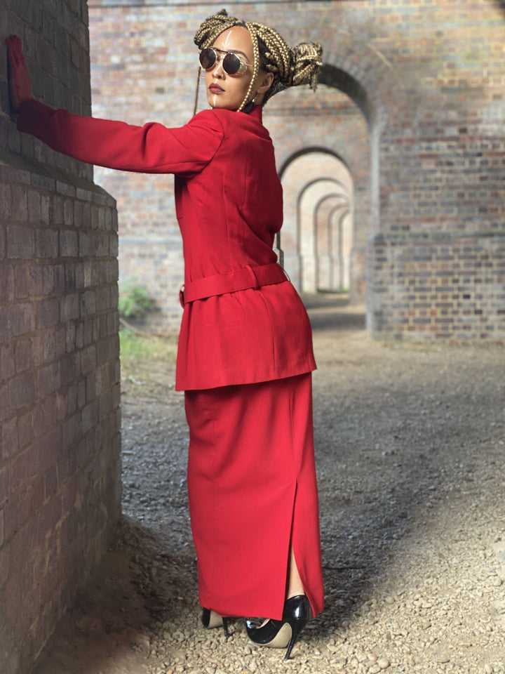 Crimson Power Maxi Skirt Suit with Belt - One Wear Freedom 