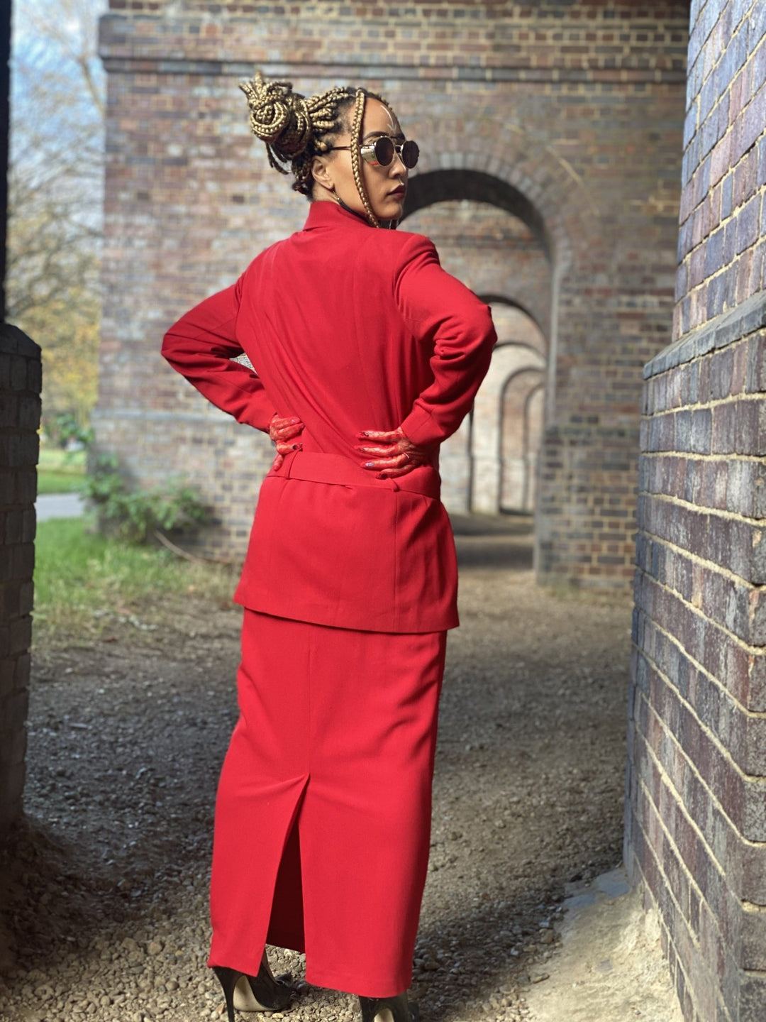 Crimson Power Maxi Skirt Suit with Belt - One Wear Freedom 
