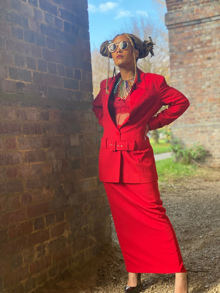 Crimson Power Maxi Skirt Suit with Belt - One Wear Freedom 