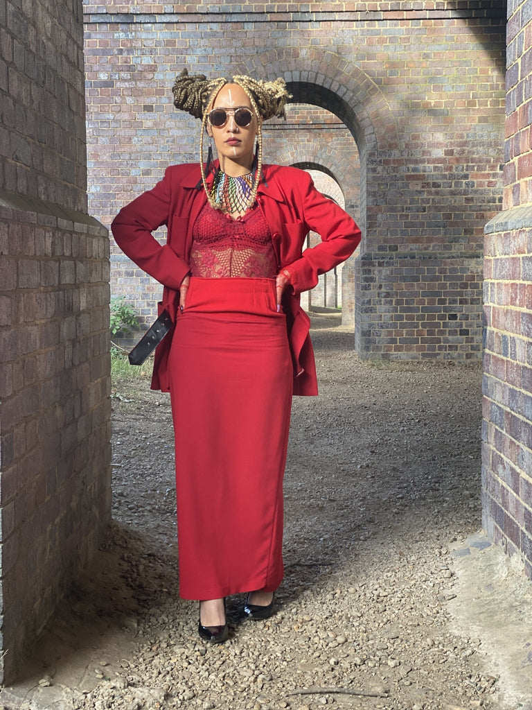 Crimson Power Maxi Skirt Suit with Belt - One Wear Freedom #product_tags#