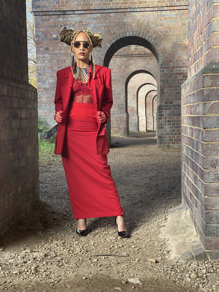Crimson Power Maxi Skirt Suit with Belt - One Wear Freedom 