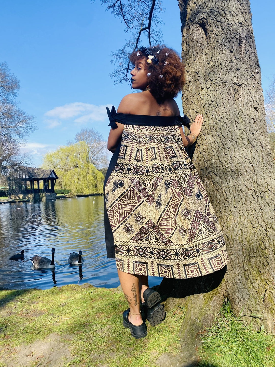 Dark Caramel Tapa Print Off-Shoulder Dress - One Wear Freedom 