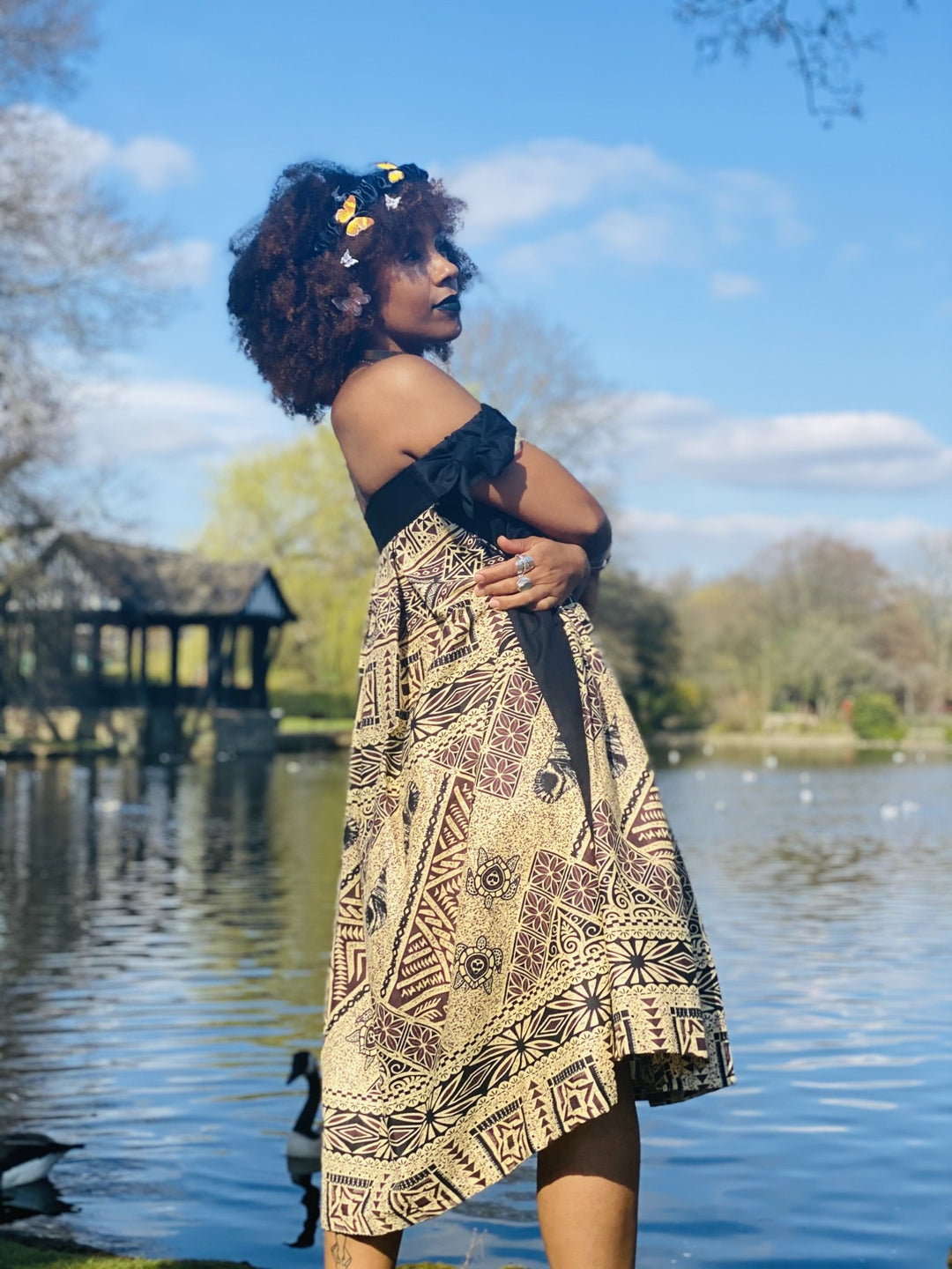 Dark Caramel Tapa Print Off-Shoulder Dress - One Wear Freedom 