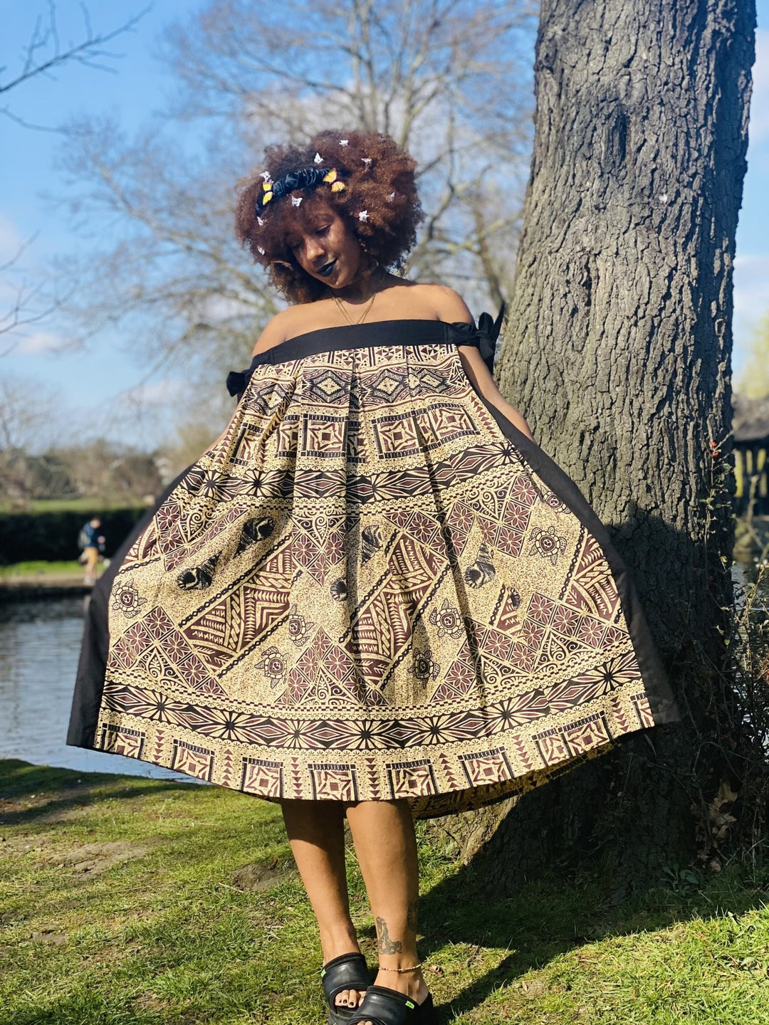 Dark Caramel Tapa Print Off-Shoulder Dress - One Wear Freedom 
