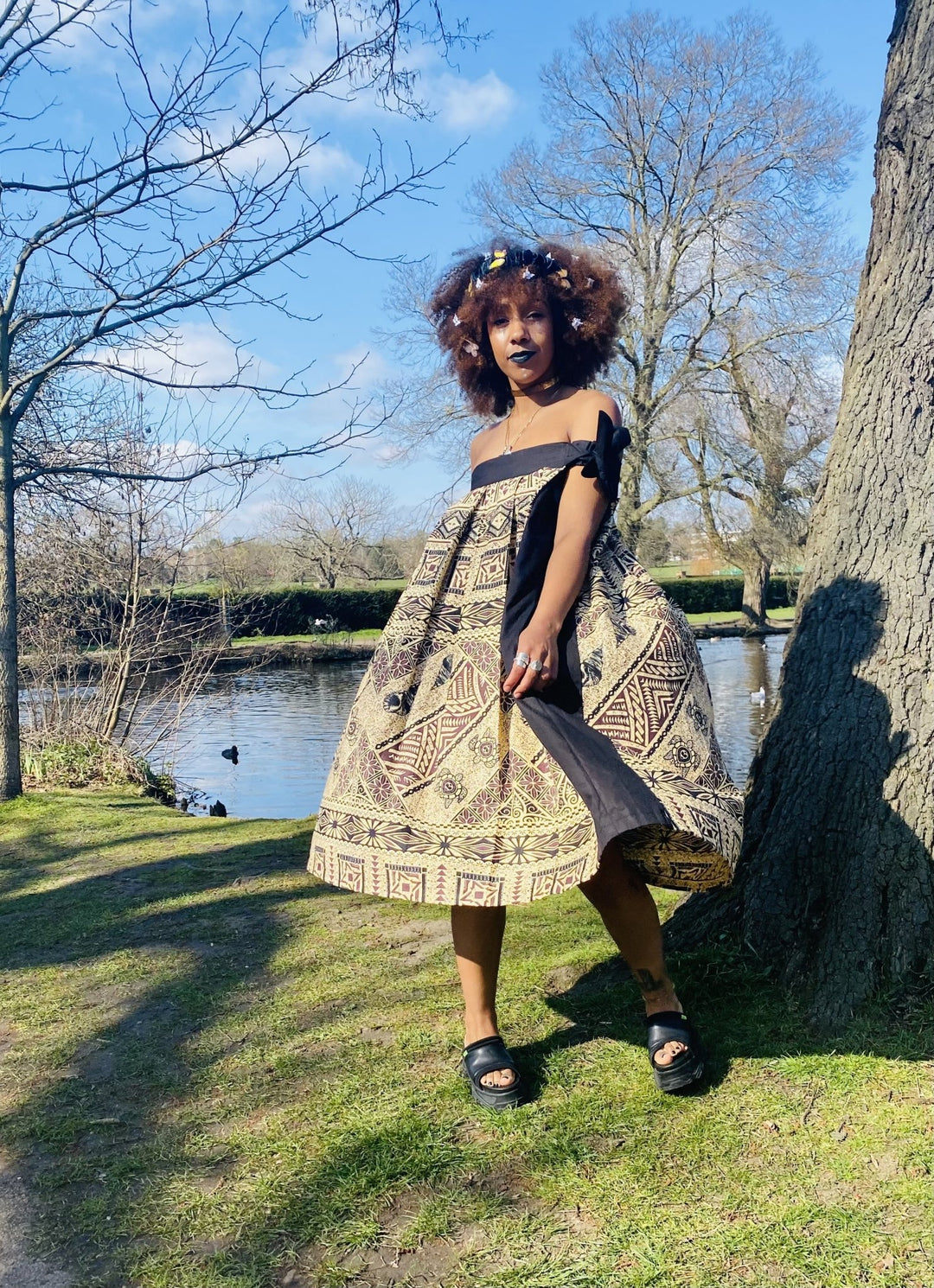 Dark Caramel Tapa Print Off-Shoulder Dress - One Wear Freedom 