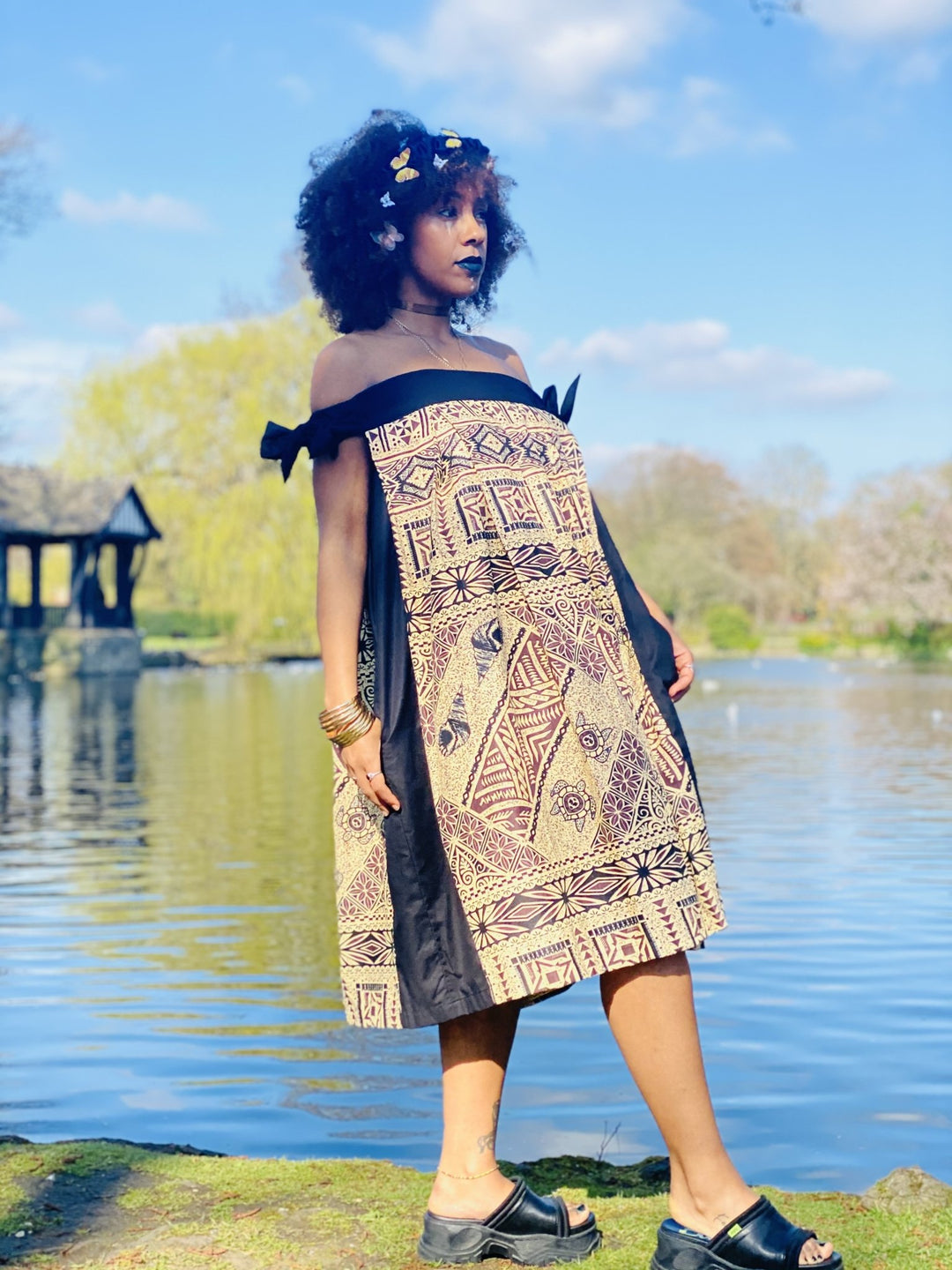 Dark Caramel Tapa Print Off-Shoulder Dress - One Wear Freedom 