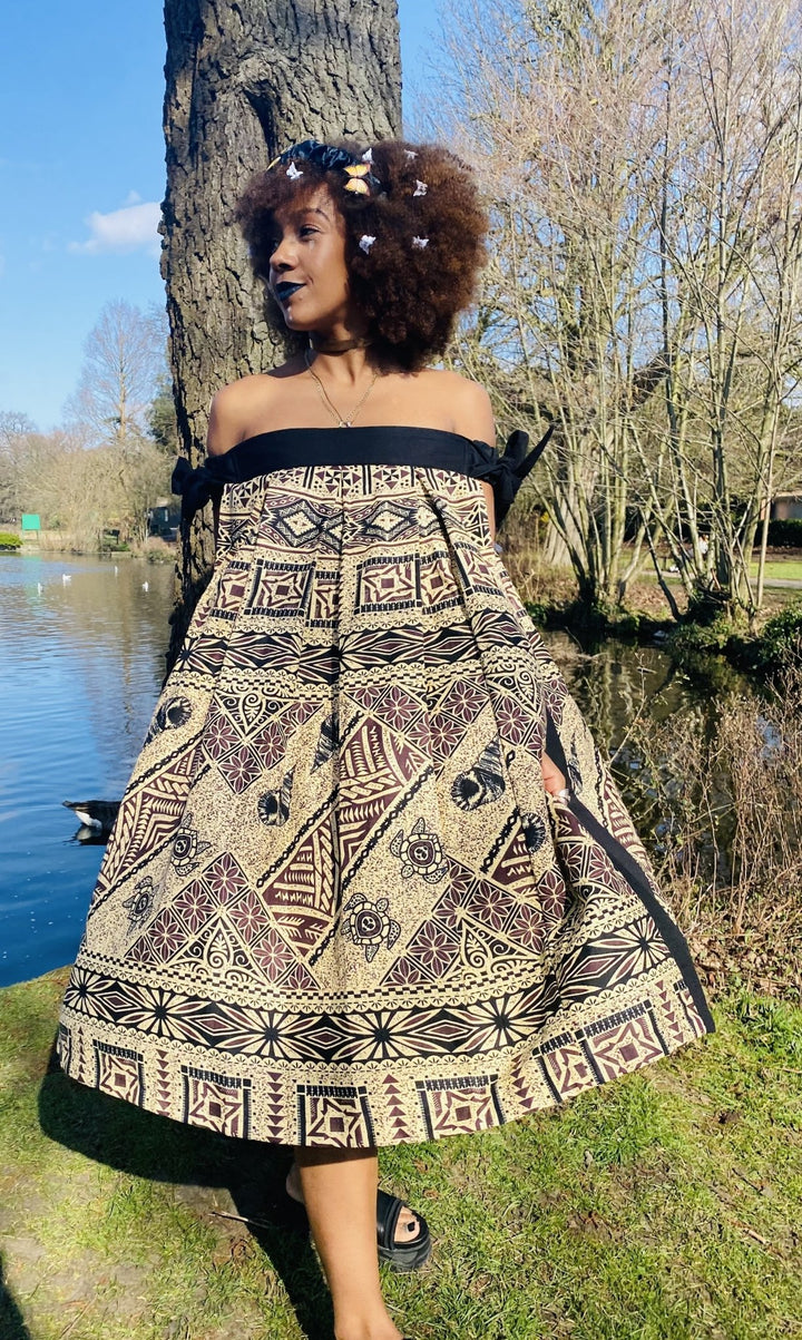 Dark Caramel Tapa Print Off-Shoulder Dress - One Wear Freedom 