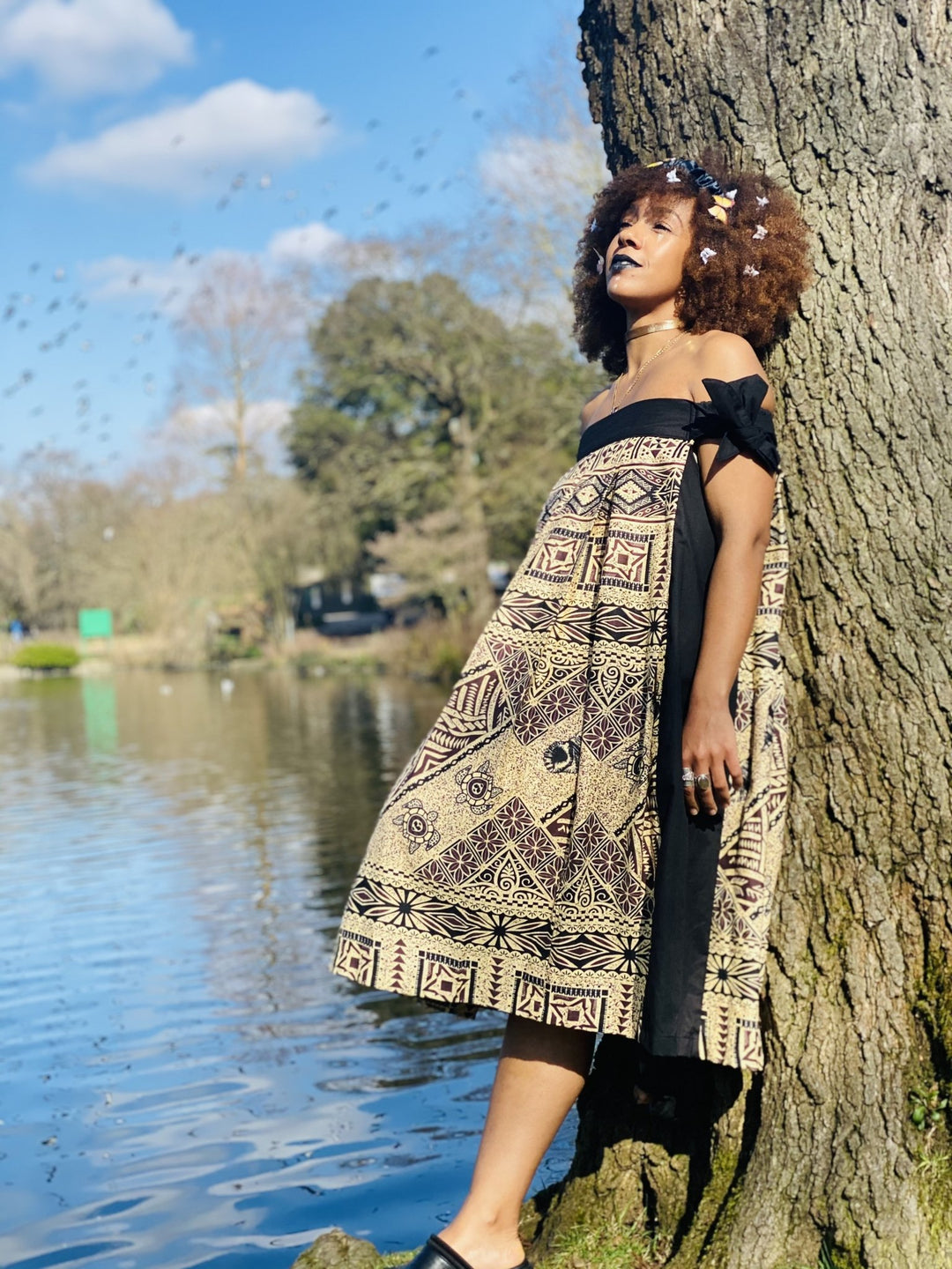 Dark Caramel Tapa Print Off-Shoulder Dress - One Wear Freedom 