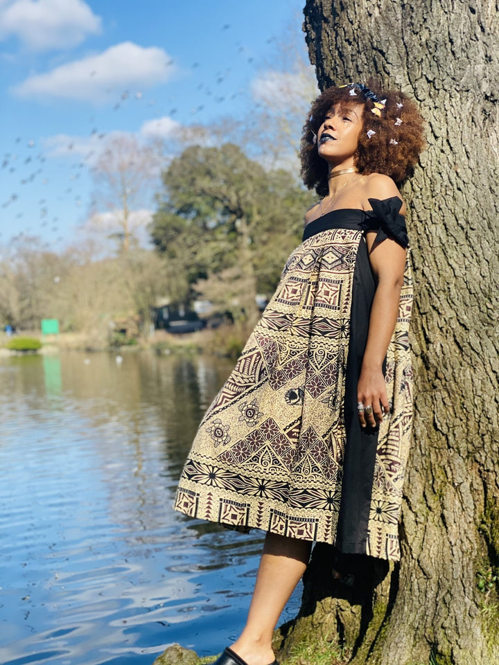Dark Caramel Tapa Print Off-Shoulder Dress - One Wear Freedom 