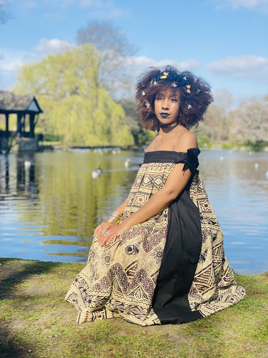 Dark Caramel Tapa Print Off-Shoulder Dress - One Wear Freedom 