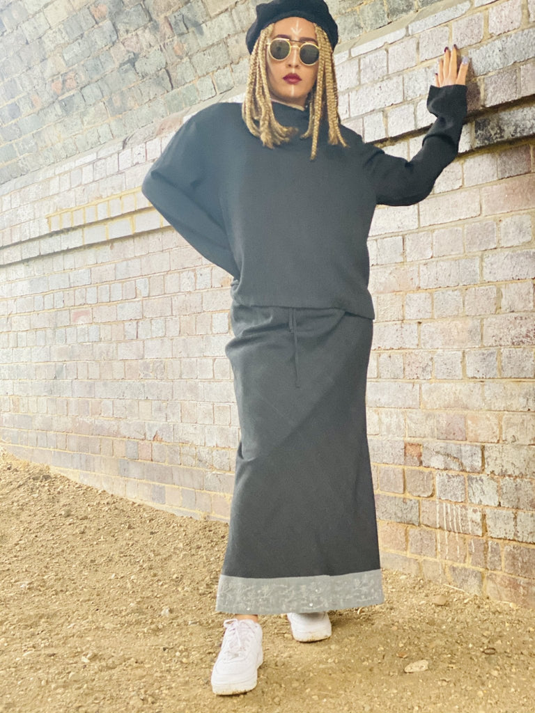 Dark Fantasy Maxi Skirt + Drawstring Crop Hoodie Co-ord - One Wear Freedom #product_tags#