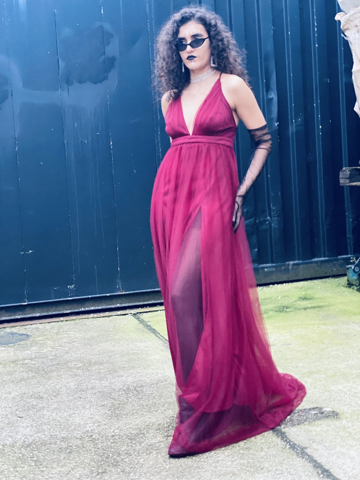 Deep Wine Gown with Mesh Overlay - One Wear Freedom 