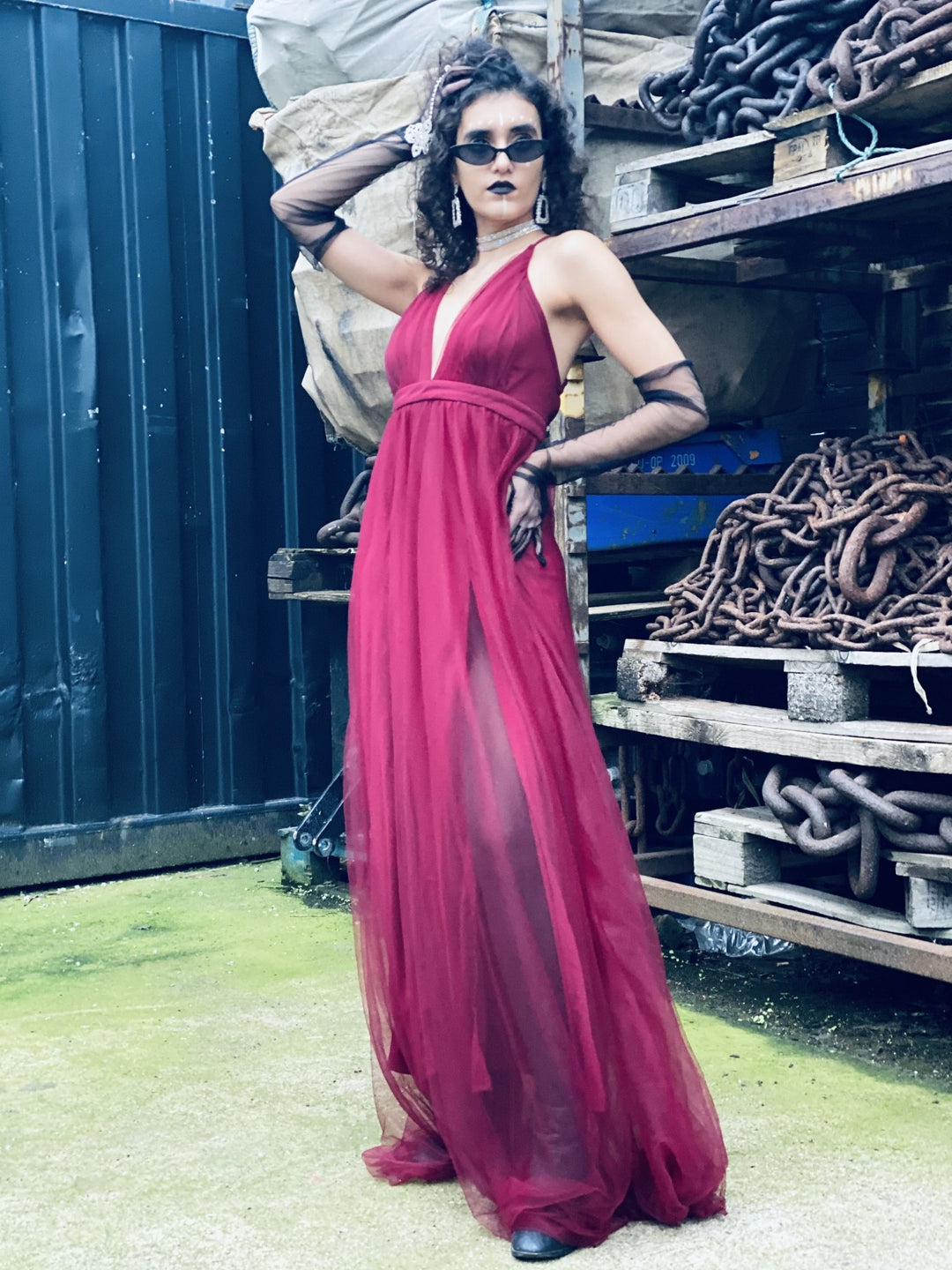 Deep Wine Gown with Mesh Overlay - One Wear Freedom 
