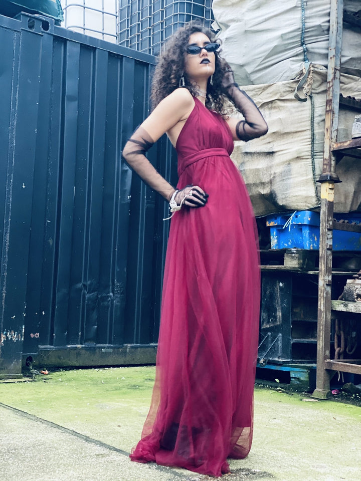 Deep Wine Gown with Mesh Overlay - One Wear Freedom 