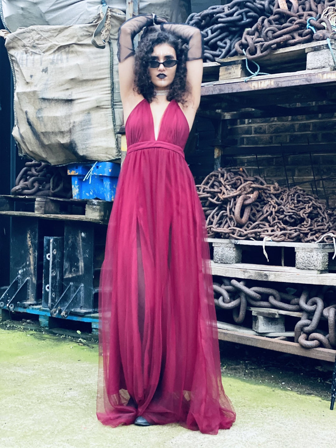 Deep Wine Gown with Mesh Overlay - One Wear Freedom 