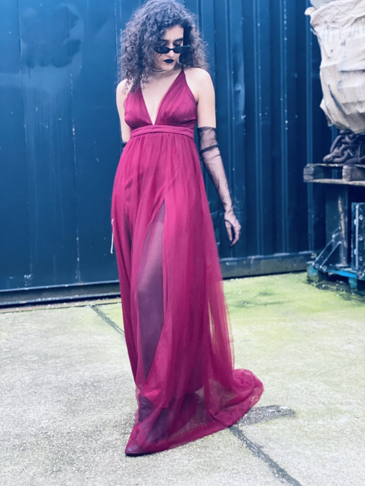 Deep Wine Gown with Mesh Overlay - One Wear Freedom 