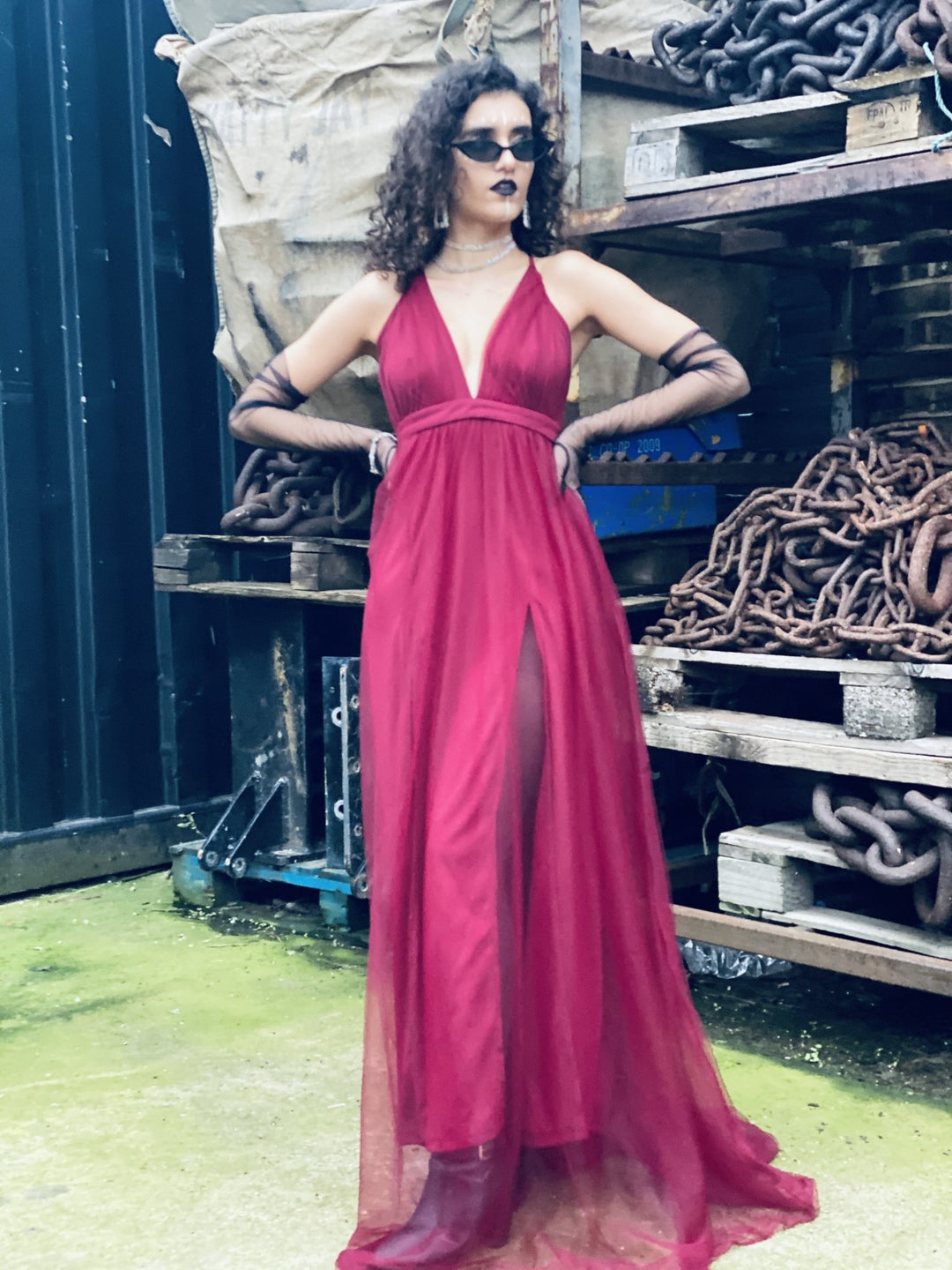 Deep Wine Gown with Mesh Overlay - One Wear Freedom 