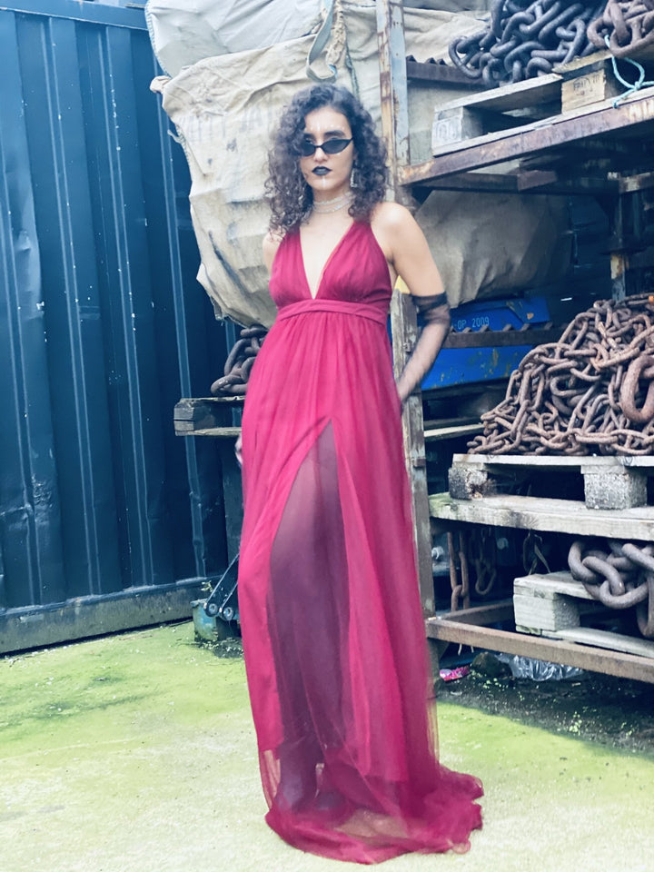 Deep Wine Gown with Mesh Overlay - One Wear Freedom 