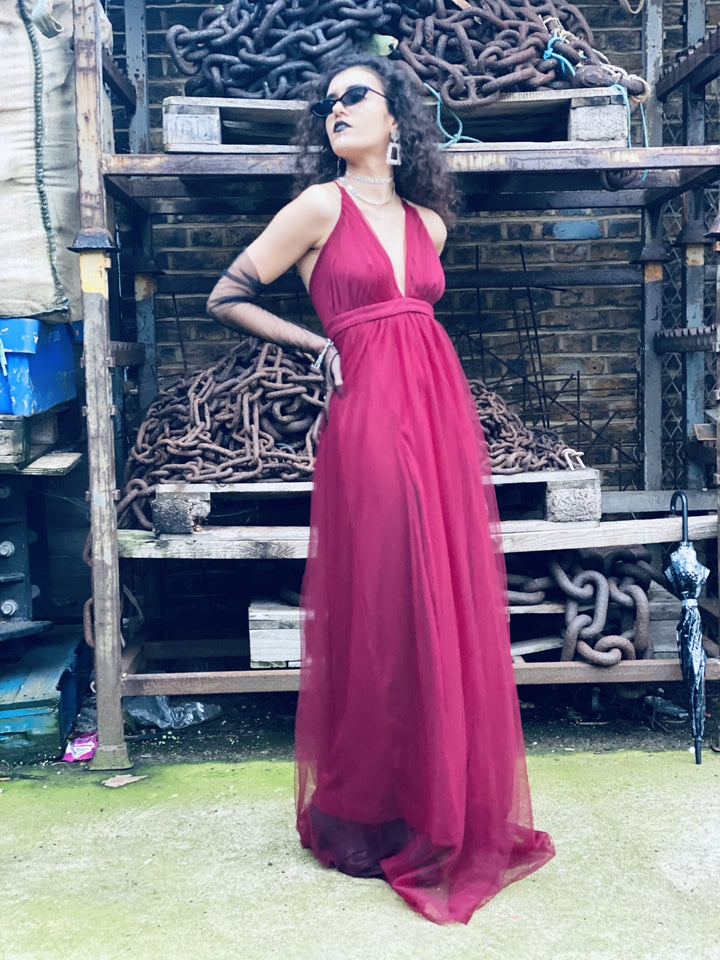 Deep Wine Gown with Mesh Overlay - One Wear Freedom 
