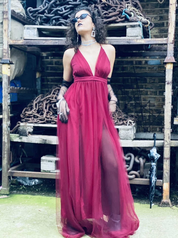 Deep Wine Gown with Mesh Overlay - One Wear Freedom 