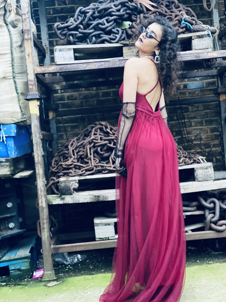 Deep Wine Gown with Mesh Overlay - One Wear Freedom 