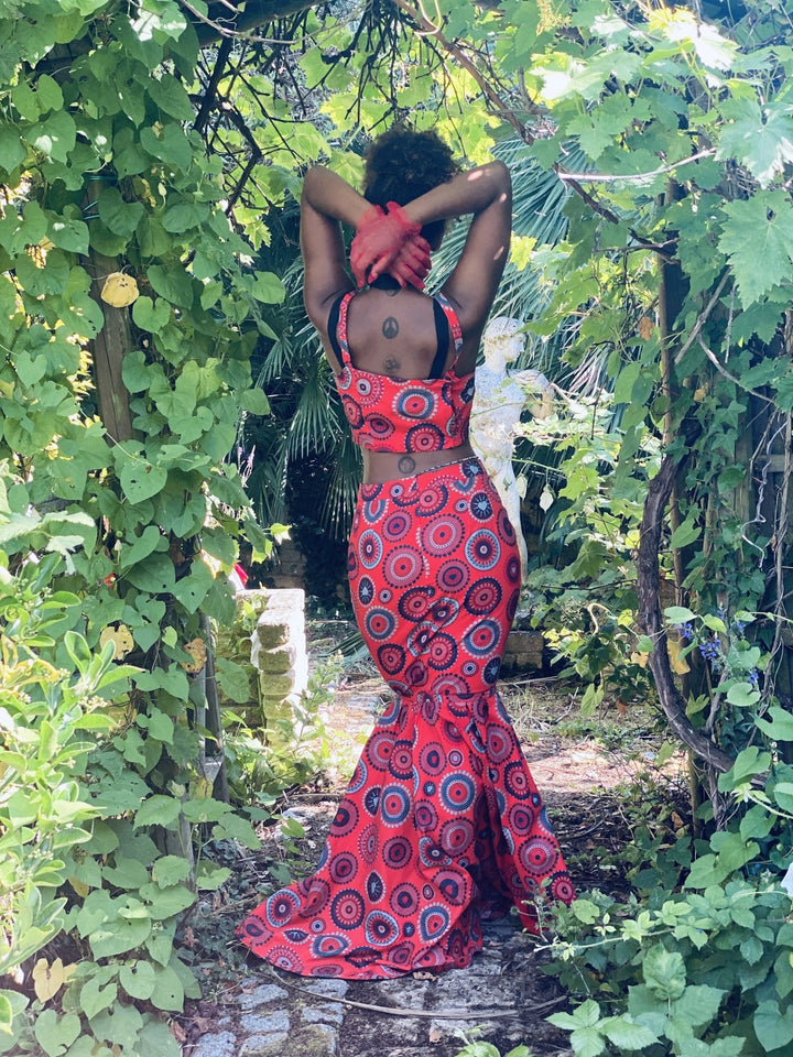 Divine Red Fishtail Skirt + Crop Top Co-ord - One Wear Freedom - Back Cross