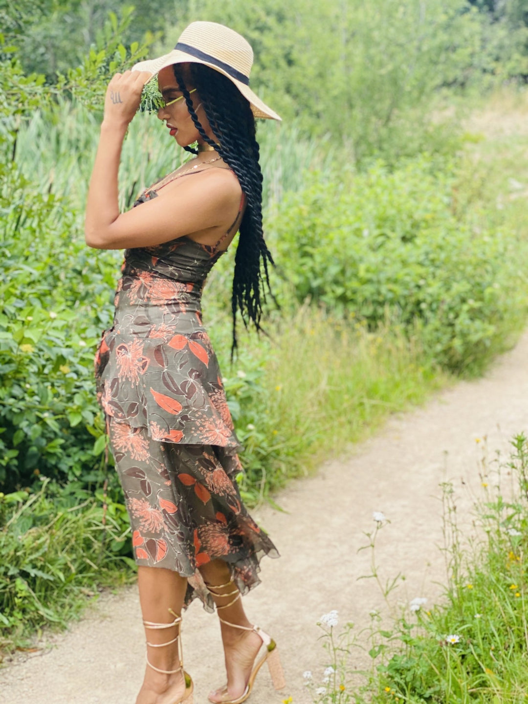 Forrest Green + Peach Floral Chiffon Dress - One Wear Freedom - Side