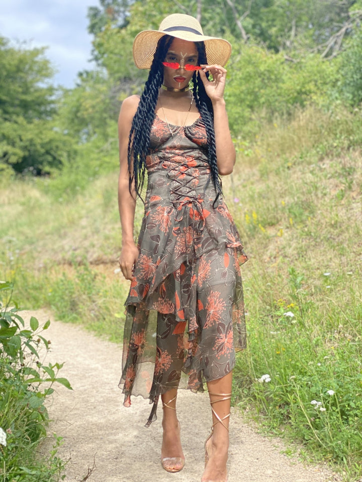 Forrest Green + Peach Floral Chiffon Dress - One Wear Freedom - Front Main