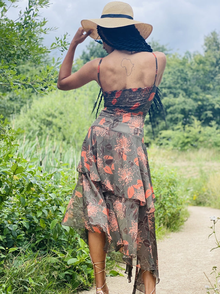 Forrest Green + Peach Floral Chiffon Dress - One Wear Freedom 
