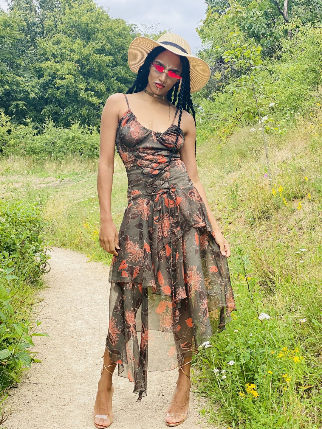 Forrest Green + Peach Floral Chiffon Dress - One Wear Freedom - Front