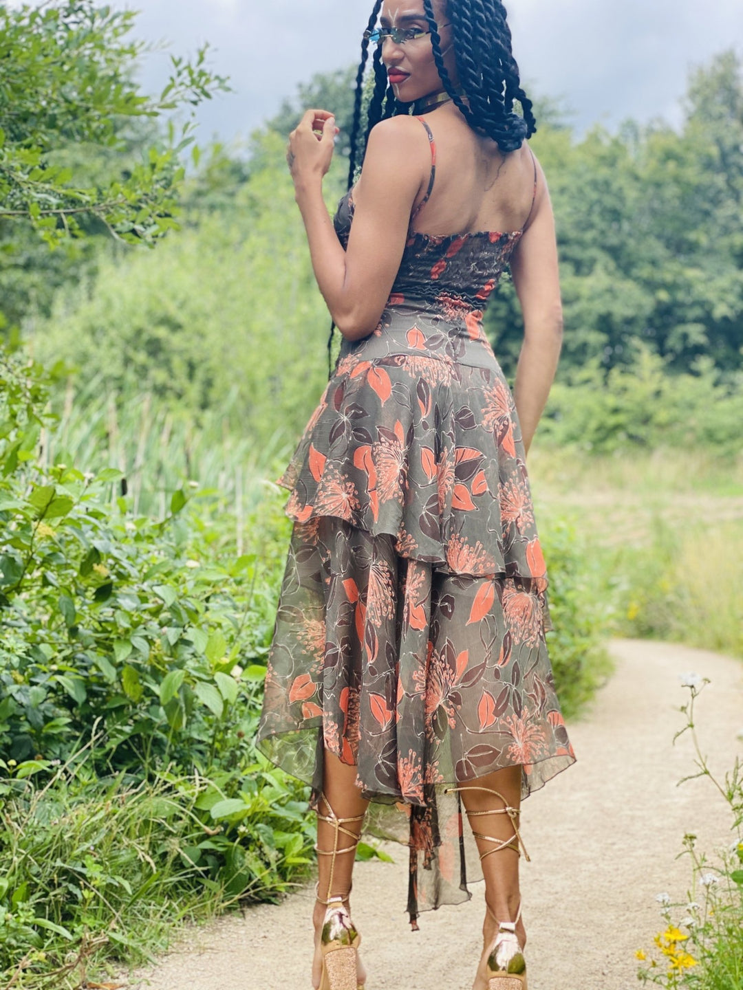 Forrest Green + Peach Floral Chiffon Dress - One Wear Freedom 
