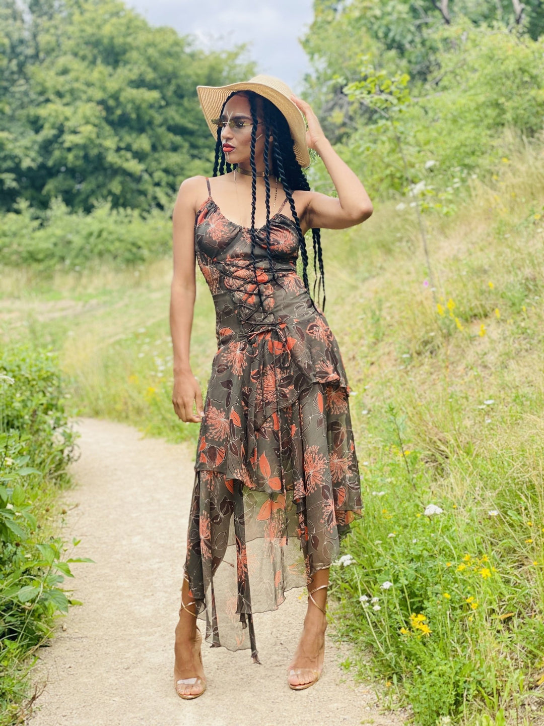 Forrest Green + Peach Floral Chiffon Dress - One Wear Freedom - Front 2