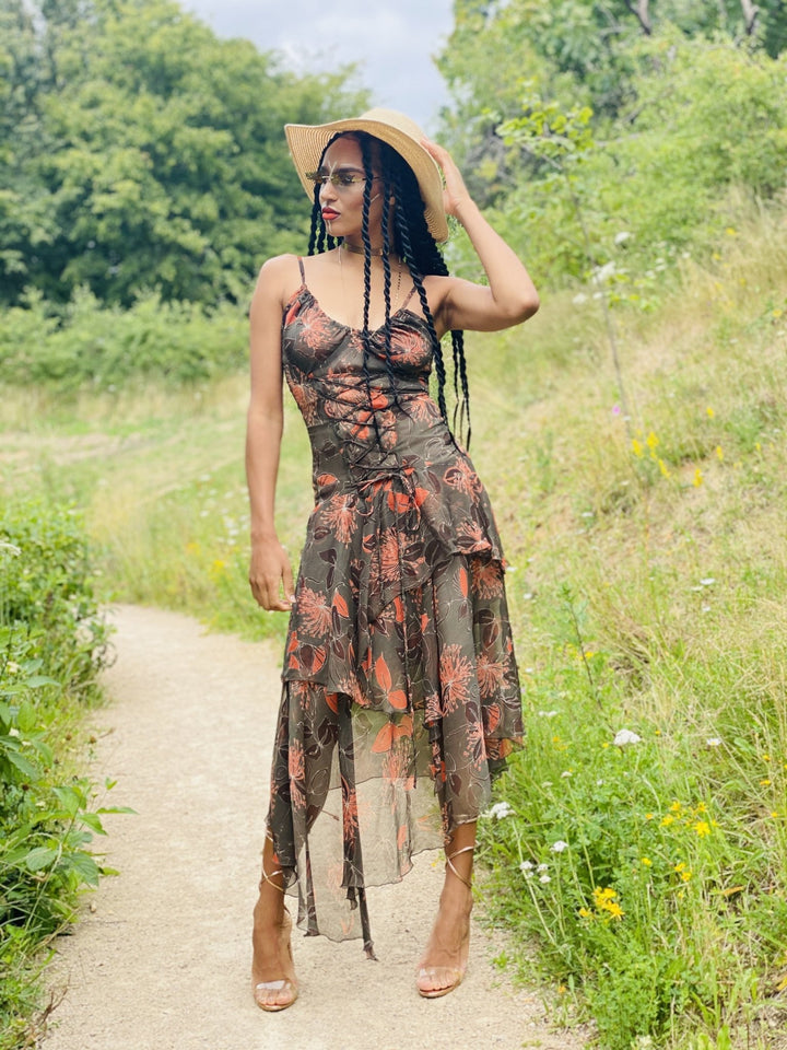 Forrest Green + Peach Floral Chiffon Dress - One Wear Freedom - Front 2
