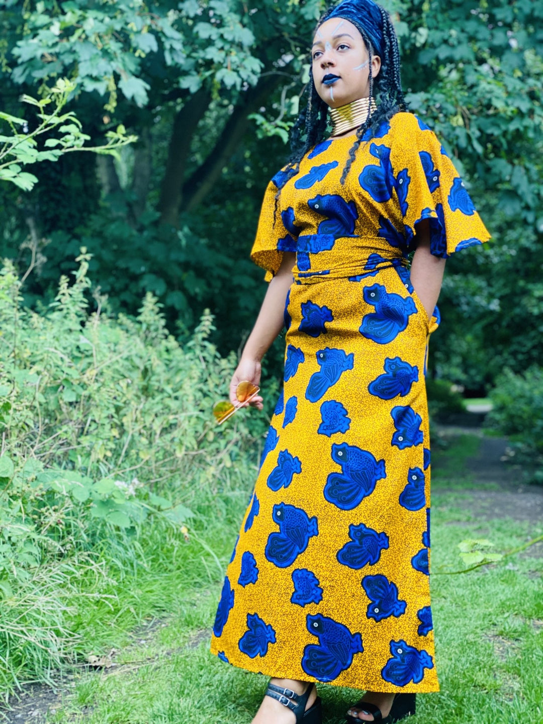 Golden West African Royal Blue Caftan + Waist Belt - One Wear Freedom - Side/Front w/ Waist Belt
