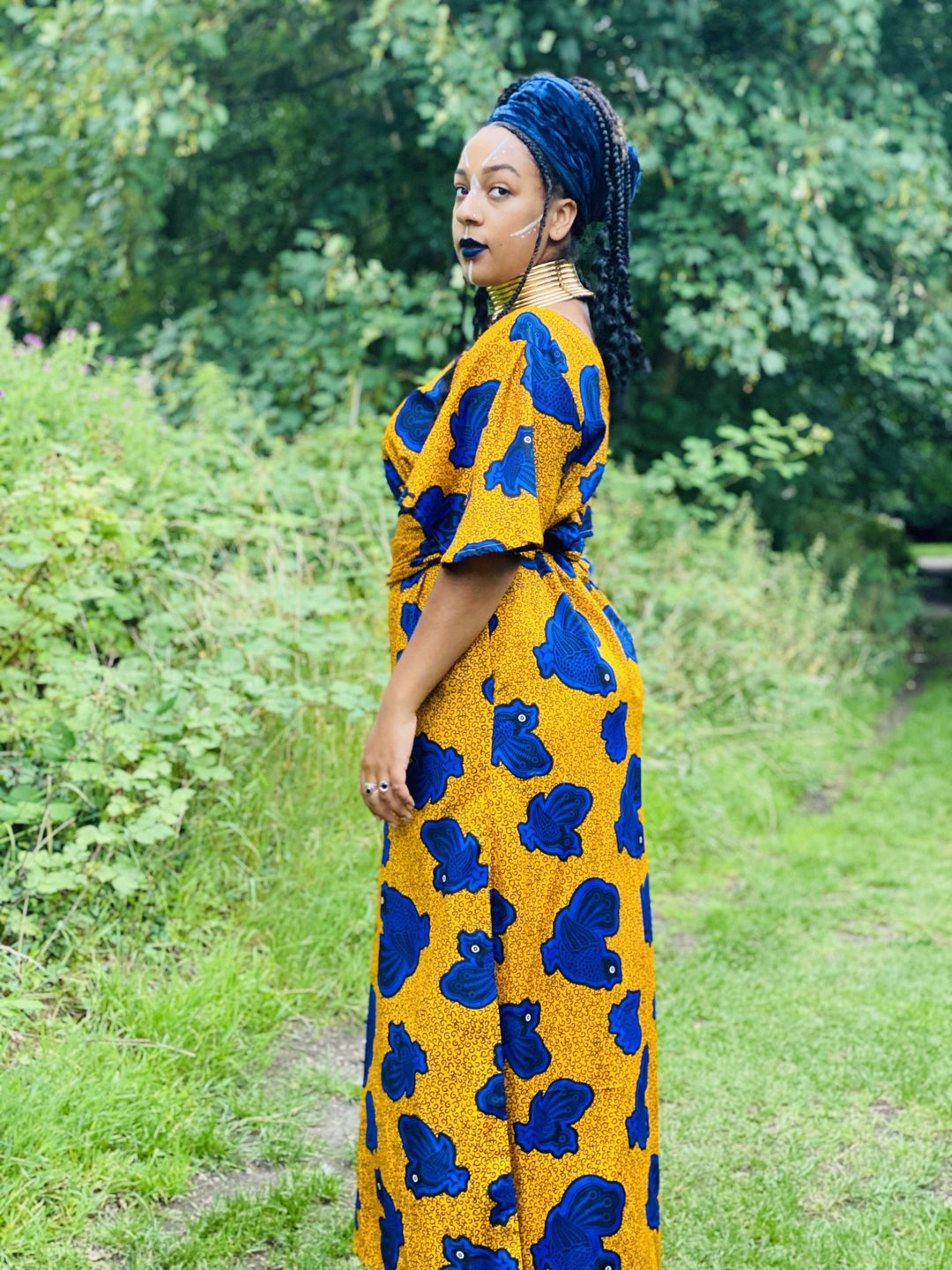 Golden West African Royal Blue Caftan + Waist Belt - One Wear Freedom - Side w/ Waist Belt